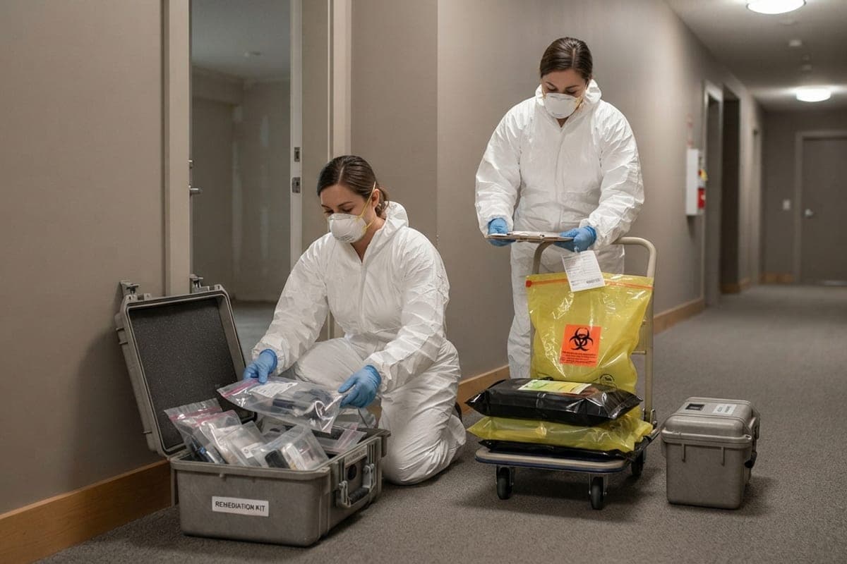 Deux techniciennes en combinaison préparant leur matériel avant une intervention