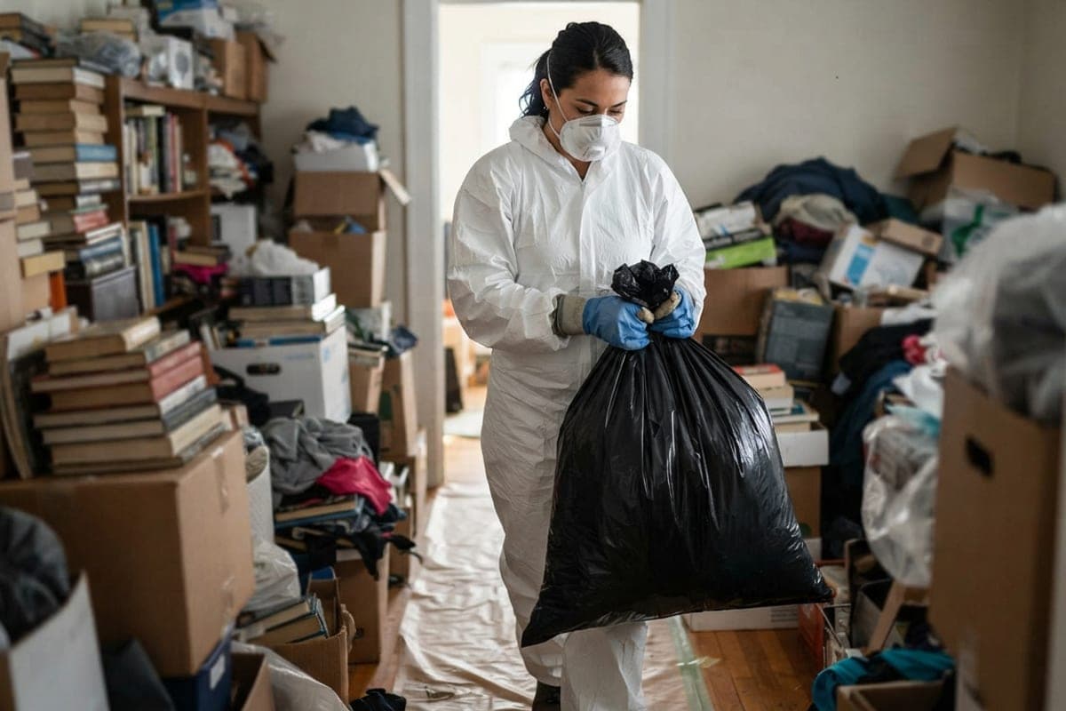 Intervenante en combinaison évacuant un sac de déchets d'un logement encombré
