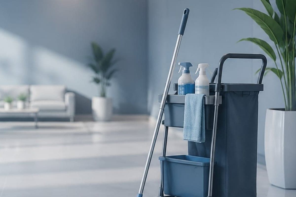 Chariot de ménage professionnel dans un espace tertiaire
