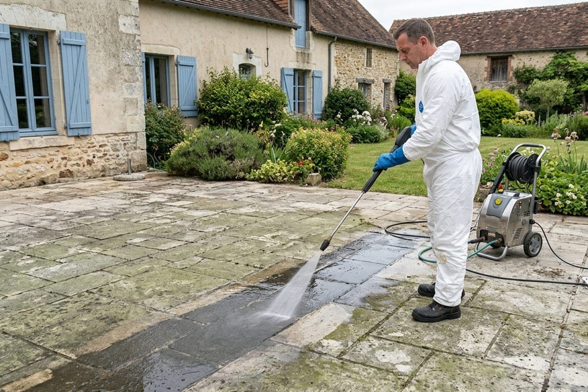 Nettoyage d'une terrasse en pierre au jet haute pression, bande nette déjà traitée