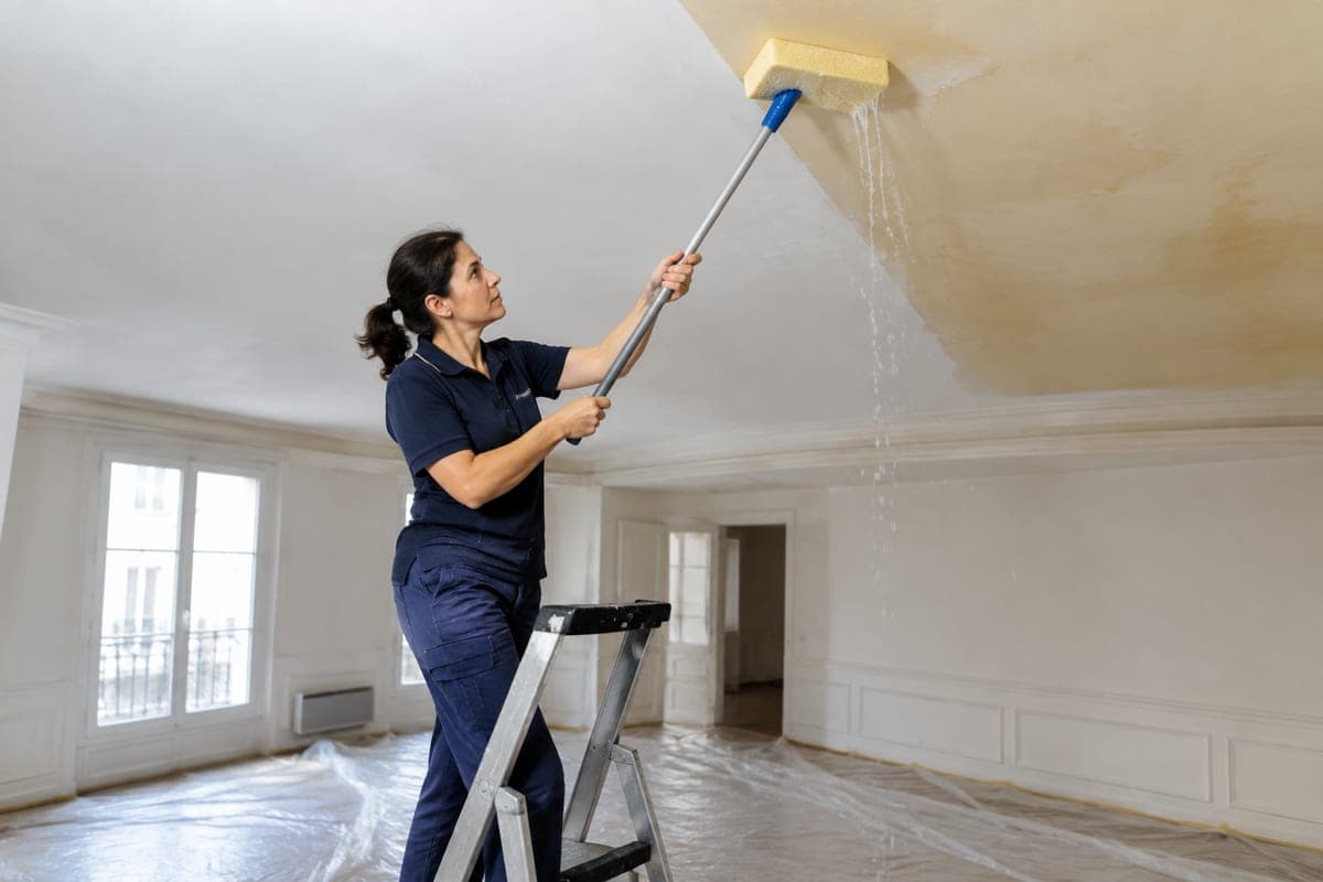 Intervenante lessivant un plafond à l'éponge sur perche, sol protégé