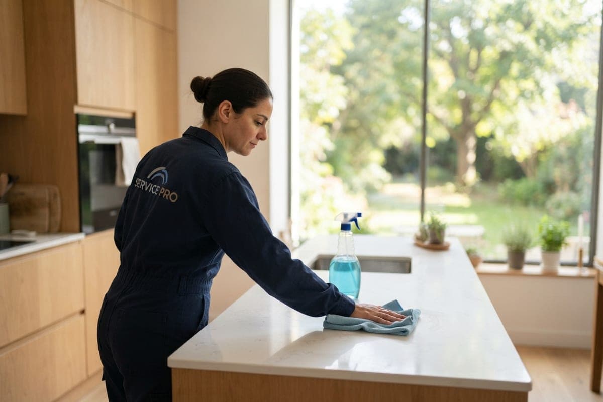 Intervenante nettoyant le plan de travail d'une cuisine ouverte sur le jardin
